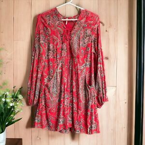 Free People S Rain or Shine Dress Red Floral Lace Up Front